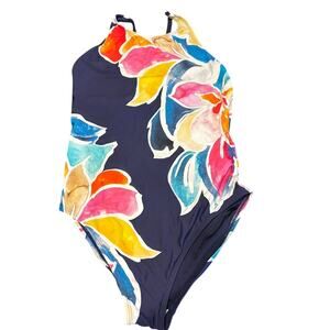 La Blanca One Piece Swimsuit Navy Floral Halter Tie Back Tummy Control READ